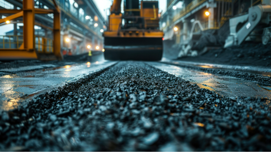 compacter rolling over freshly laid asphalt mix