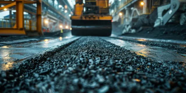 compacter rolling over freshly laid asphalt mix